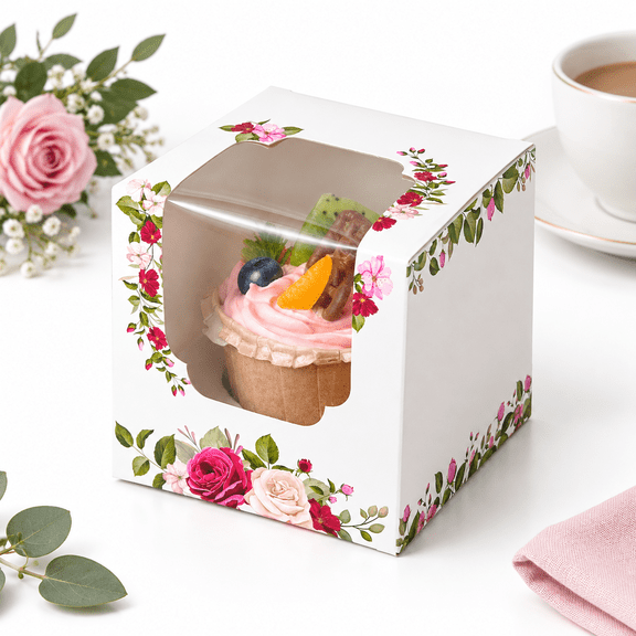 Floral Roses 50-Count Single Cupcake Boxes with Inserts and Clear Window