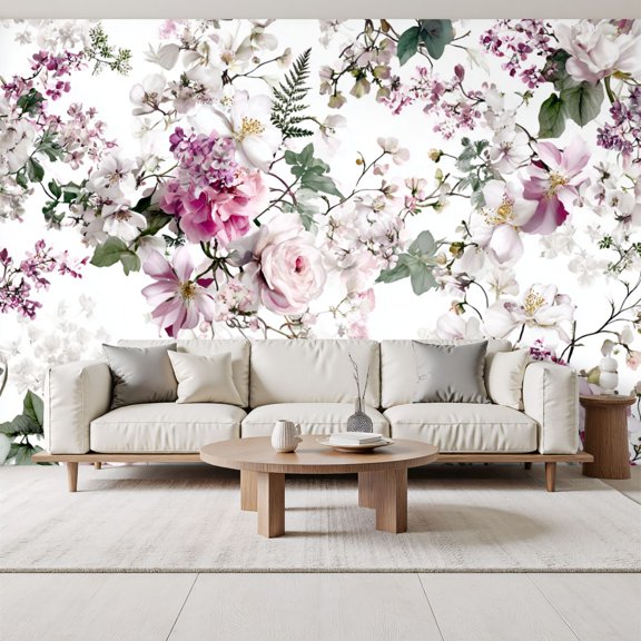 Floral Roses Wallpaper Pink White Roses Orchids Blossoms Roses Peel and Stick Wall Murals 69"H x 96"W Removable PVC Wall Paper Self-Adhesive Wall Decor for Bedroom Living Room