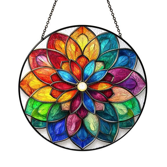 Floral Rosette Stained Glass Wall Decor with Circular Flower Design, Decorative Hanging Art Panel