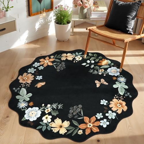 Floral Round Area Rugs, Washable Small Round Rug 3ft Non-Slip, Soft ...