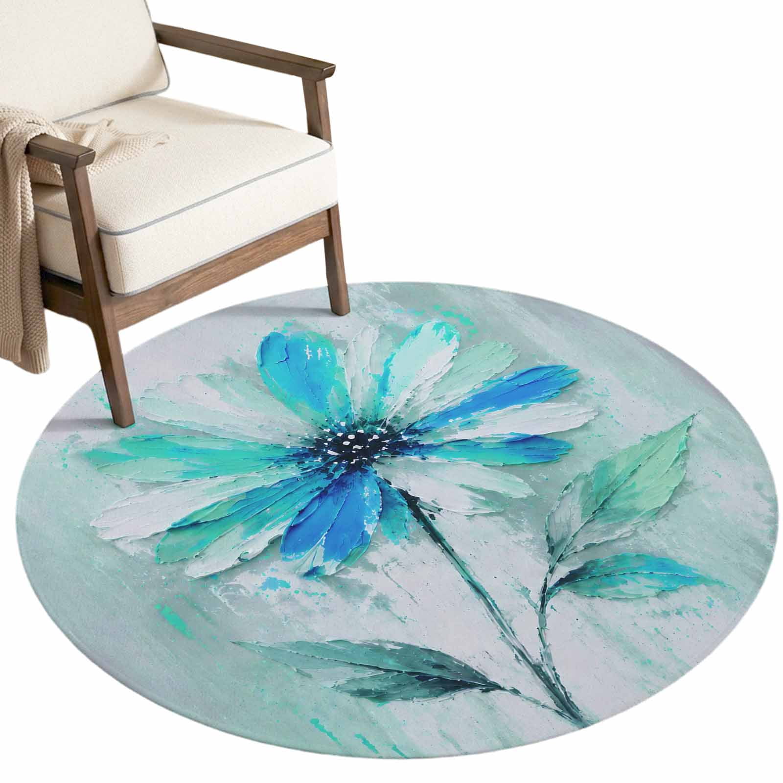 Floral Round Area Rug 5ft Rustic Teal Flower Petal Stem Leaf Oil ...