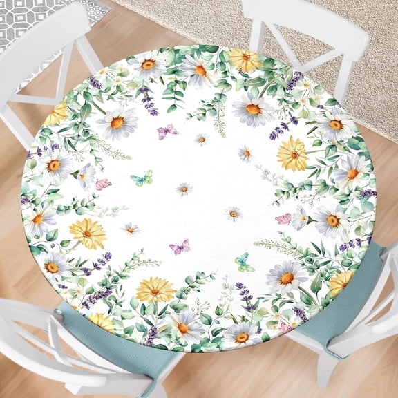 Floral Round Fitted Tablecloth with Elastic Edge Eucalyptus Leaves Round Outdoor Tablecloth Waterproof Round Table Cover for Picnic Party Decor Fits 44"-48" Diameter Round Tables