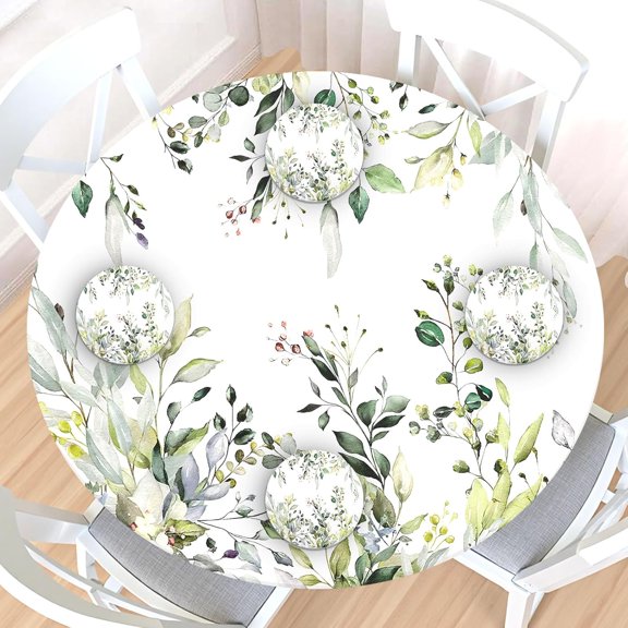 Floral Round Fitted Tablecloth with Elastic Edge Spring Summer Sage Green White Flower Leaf Table Cover for 40-44" Stretch Table Cloth with Leather Coasters Set of 4 for Dinner Indoor Outdoor Party