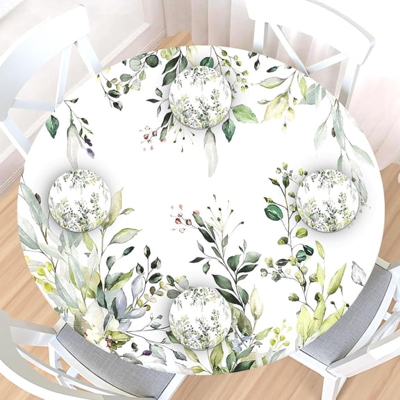 Floral Round Fitted Tablecloth with Elastic Edge Spring Summer Sage Green White Flower Leaf Table Cover for 48-52" Stretch Table Cloth with Leather Coasters Set of 4 for Dinner Indoor Outdoor Party