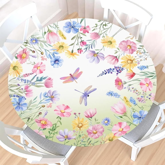 Floral Round Fitted Tablecloth with Elastic Edge,Water-Resistant Picnic Spring Summer Flower Dragonfly Table Cover for 48-52" Found Tables Colorful Wildflower Table Cloth for Dinner,Outdoor,Patio