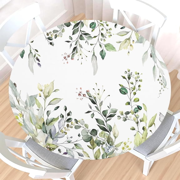 Floral Round Fitted Tablecloth with Elastic Edge,Water-Resistant Spring Summer Sage Green White Wild Flower Leaf Table Cover for 44-48" Found Tables Eucalyptus Table Cloth for Dinner,Outdoor,Patio