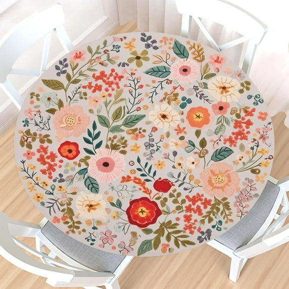 Floral Round Fitted Tablecloth with Elastic Edge,Water-Resistant Vintage Boho Spring Pink Colorful Flower Table Cover for 40-44" Found Tables Farmhouse Summer Table Cloth for Dinner,Outdoor,Patio