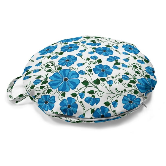 Floral Round Floor Cushion with Handle, Blooming Poppies Leaves Spring Tones Hand Drawn Sketch Repetitive, Decorative Pillow for Living Room & Dorms, 18" Round, Emerald and Deep Sky Blue, by Ambesonne