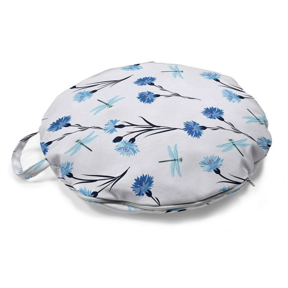 Floral Round Floor Cushion with Handle, Cornflowers and Dragonflies on Pastel Background, Decorative Pillow for Living Room & Dorms, 18" Round, Purple Sea Blue, by Ambesonne