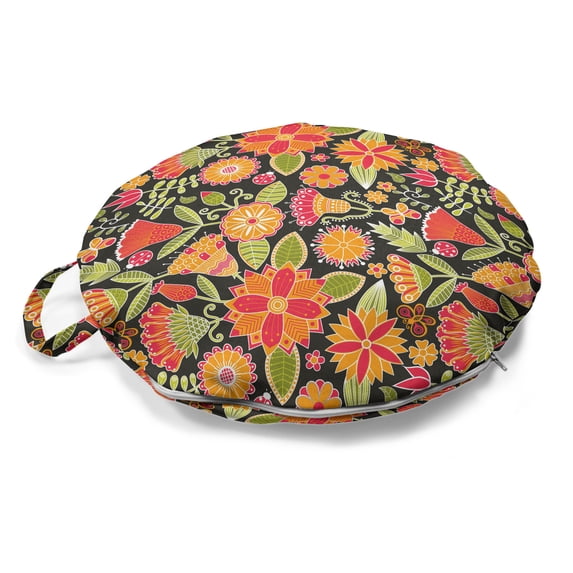 Floral Round Floor Cushion with Handle, Polish Folk Art Style Rhythmic Colorful Flowers, Decorative Pillow for Living Room & Dorms, 18" Round, Burnt Sienna Multicolor, by Ambesonne