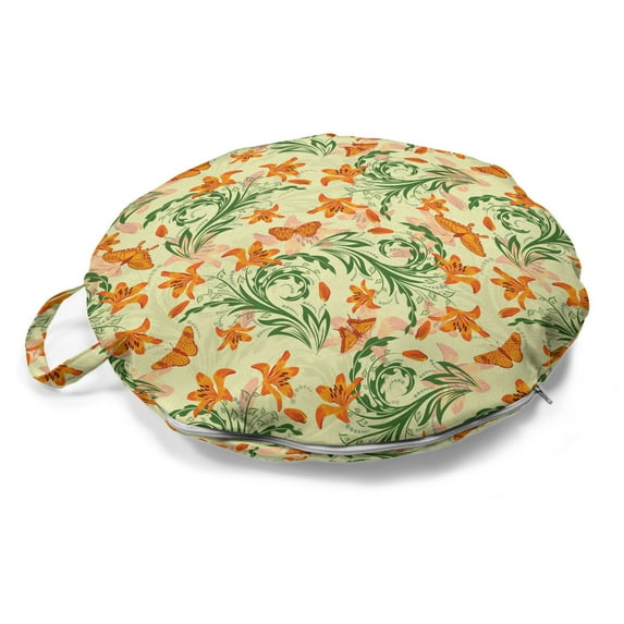 Floral Round Floor Cushion with Handle, Repetitive Pattern Curved Flower Shaped Motifs and Butterflies, Decorative Pillow for Living Room & Dorms, 18" Round, Cream Orange and Olive Green, by Ambesonne