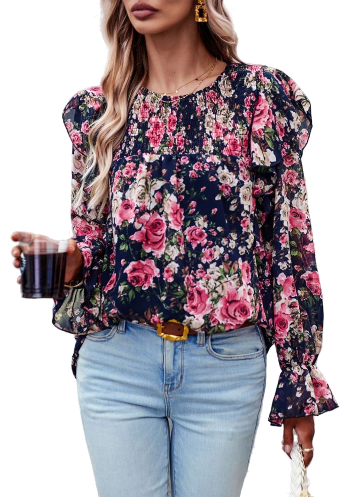 Round Neck With Ruffles Floral Round Neck Ruffle Shoulder Shirred Detail Blouse for Women Navy ...