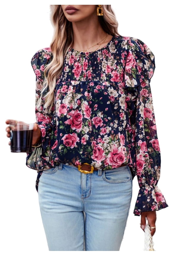 Floral Round Neck Ruffle Shoulder Shirred Detail Blouse for Women Navy Small