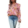 thumbnail image 1 of Floral Round Neck Ruffle Shoulder Shirred Detail Blouse for Women Pink Small, 1 of 5