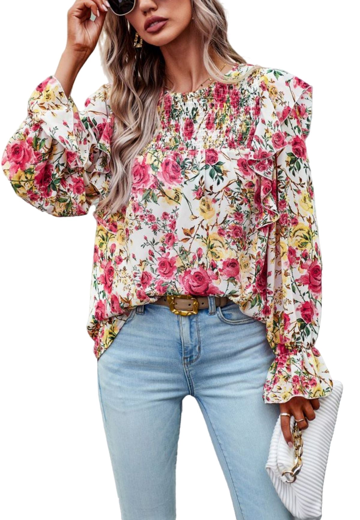 Round Neck With Ruffles Floral Round Neck Ruffle Shoulder Shirred Detail Blouse for Women White ...