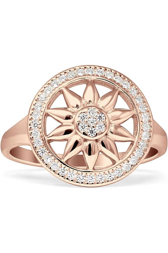 Floral Round Sunflower Compass Ring Cubic Zirconia Rose Tone 925 Sterling Silver, Size 8