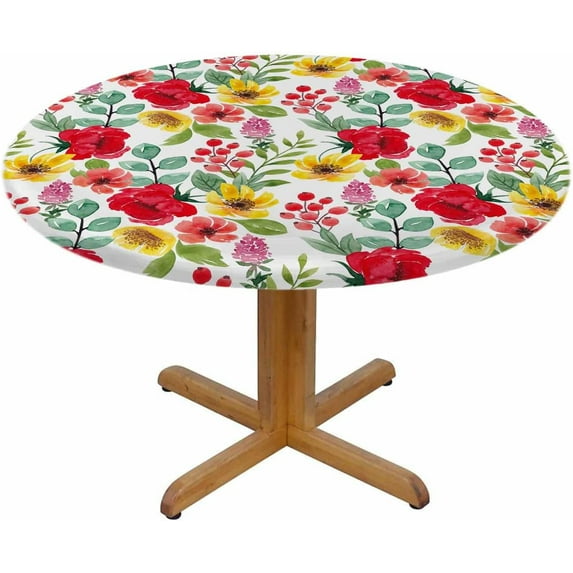 Floral Round Table Cloth Cute Watercolor Different Wild Meadow Multi Flowers Elastic Edged Table Cover Fade and Stain Resistant Table Cloths Easy to Clean Fits Tables 40-44" Diameter