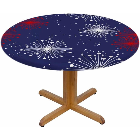 Floral Round Table Cloth Japanese Vintage Red White Blue Celebration Fireworks Elastic Edged Table Cover Fade And Stain Resistant Table Cloths Easy To Clean Fits Tables 40-44" Diameter