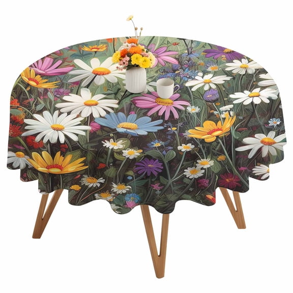 Floral Round Tablecloth 54 inches Vintage Colorful Daisy Butterfly Nature Waterproof Oil-Proof Table Cloth Round Table Cover for Holiday Party Picnic Dinner Decor Indoor and Outdoor Use