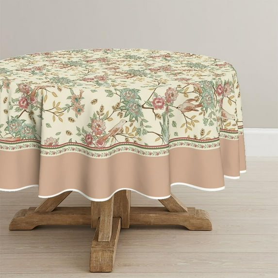 Floral Round Tablecloth 60×60 Inch Round, Pink Birds Elegant Vintage Washable Table Cover for Party Picnic Dinner Decor