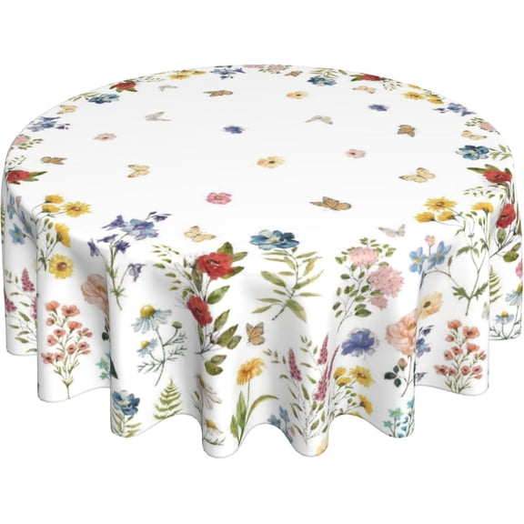 Floral Round Tablecloth 70 Inch Vintage Flower Butterfly Botanical Table Cloth Spring Summer Holiday Table Covers Polyester Indoor Outdoor Farmhouse Tablecloth for Kitchen Dining Party Picnic