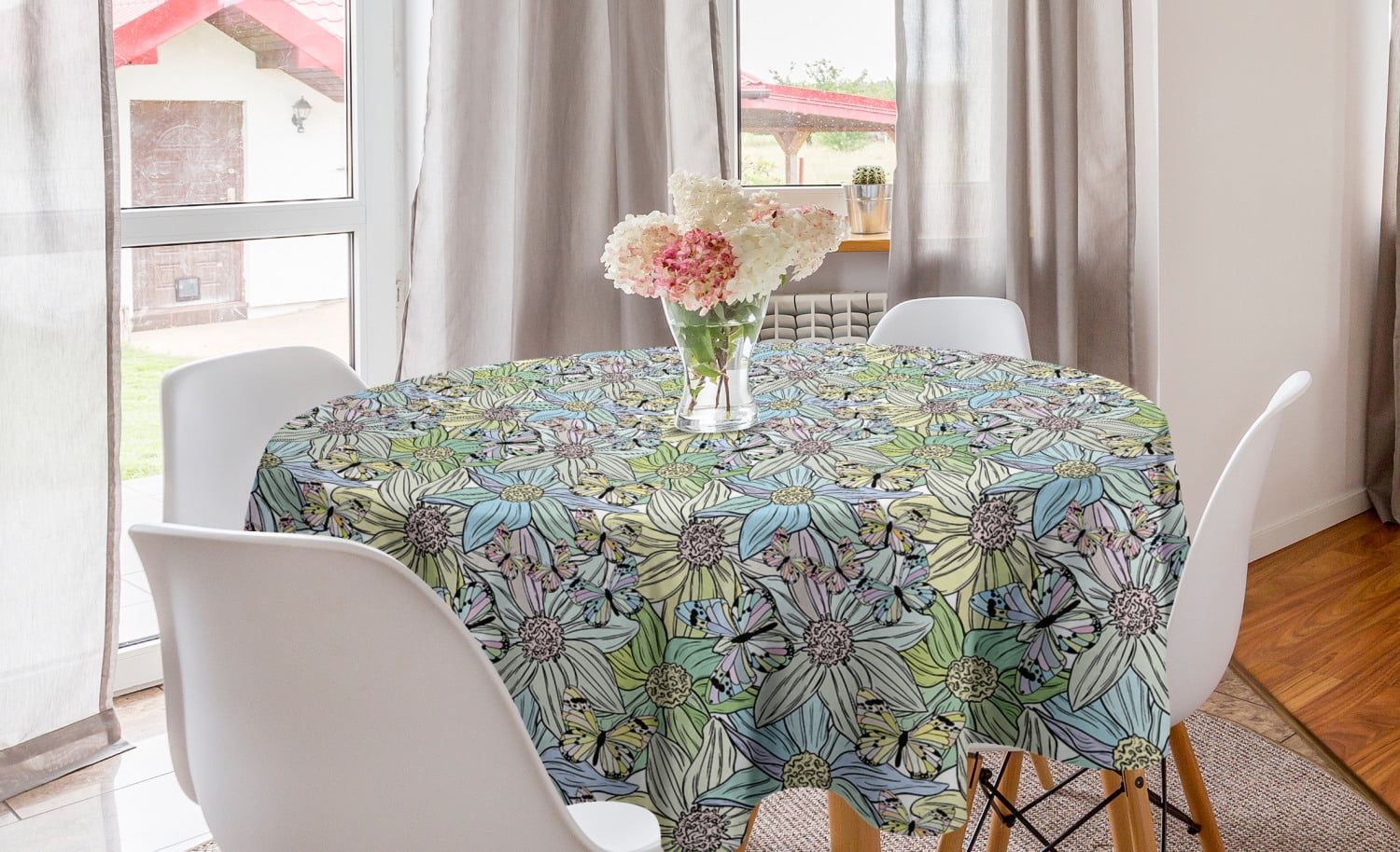East Urban Home Ambesonne Botanical Round Tablecloth, Pastel Colored Flourishing Garden Blossoms Flowering Herbs Leaves, Circle Table Cloth Cover For Dining Room Kitchen Decoration, 60", Khaki Turquoise Pale Rose
