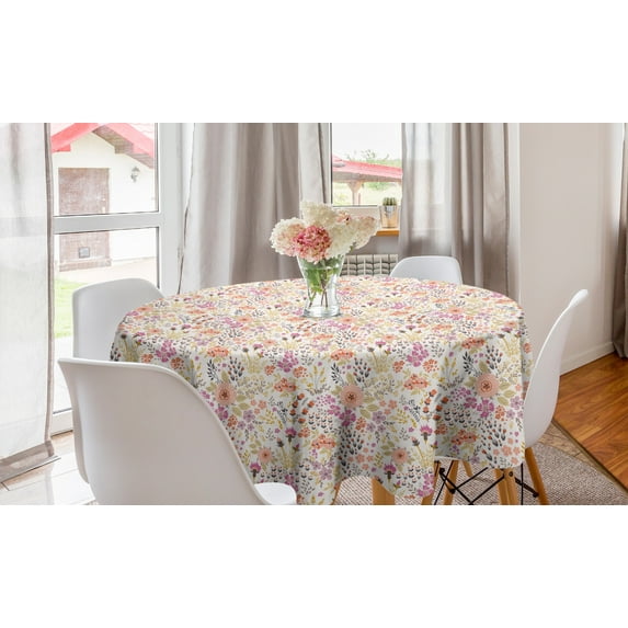 Floral Round Tablecloth, Feminine Flowers Composition Spring Flourishes Design, Circle Table Cloth Cover for Dining Room Kitchen Decor, 60", Pale Eggshell Multicolor, by Ambesonne