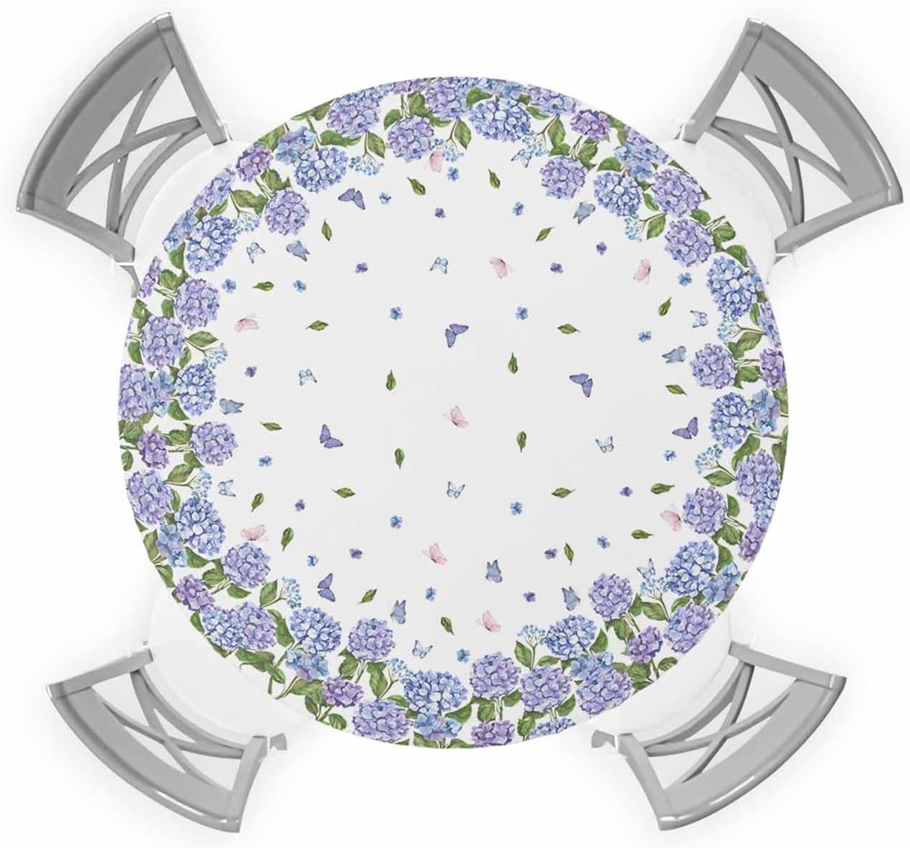 Floral Round Tablecloth Fitted Table Cover, Elastic Tablecloths Waterproof Outdoor Indoor Stretch Cloth Tablecover for Dinner, Party, Shower, Blue Purple Spring Botanical Plant Leaves 45-52IN