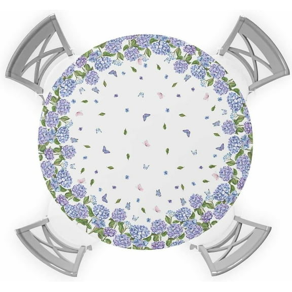 Floral Round Tablecloth Fitted Table Cover, Elastic Tablecloths Waterproof Outdoor Indoor Stretch Cloth Tablecover for Dinner, Party, Shower, Blue Purple Spring Botanical Plant Leaves 45-52IN