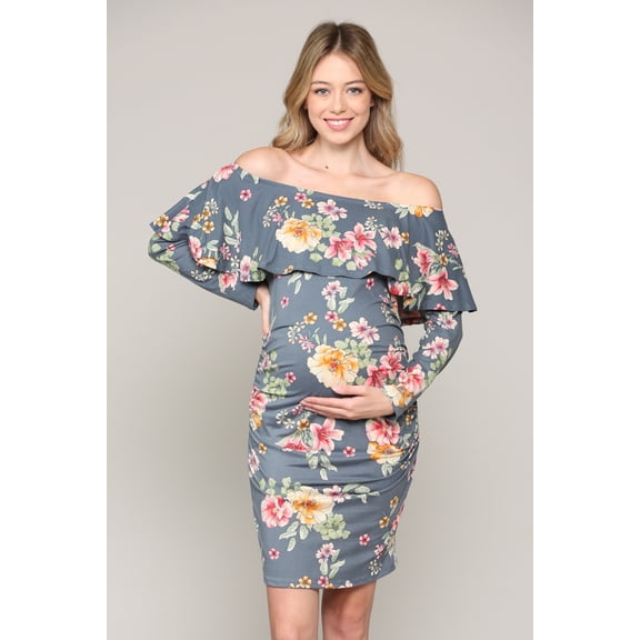 Floral Ruched Off the Shoulder Maternity Dress