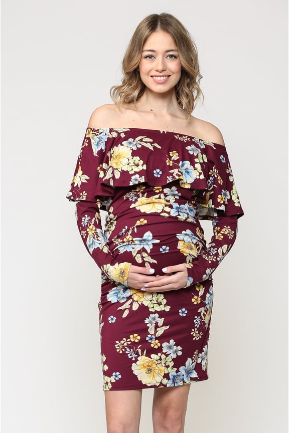Floral Ruched Off the Shoulder Maternity Dress
