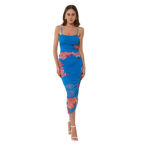Floral Ruched Spaghetti-Strap Bodycon Midi Dress