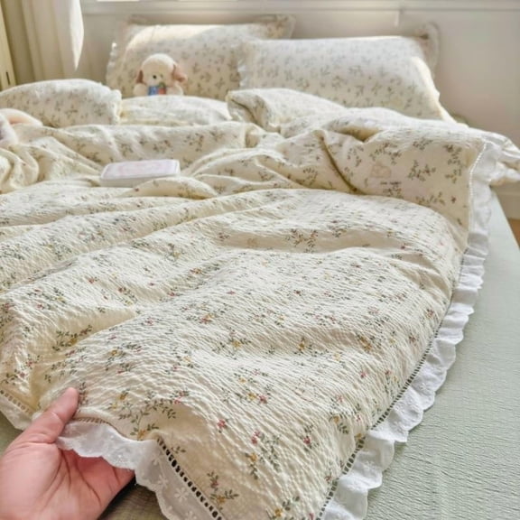 Floral Ruffle Duvet Cover Set Full Size, Bubble Textured Microfiber Bedding with Lace Trim