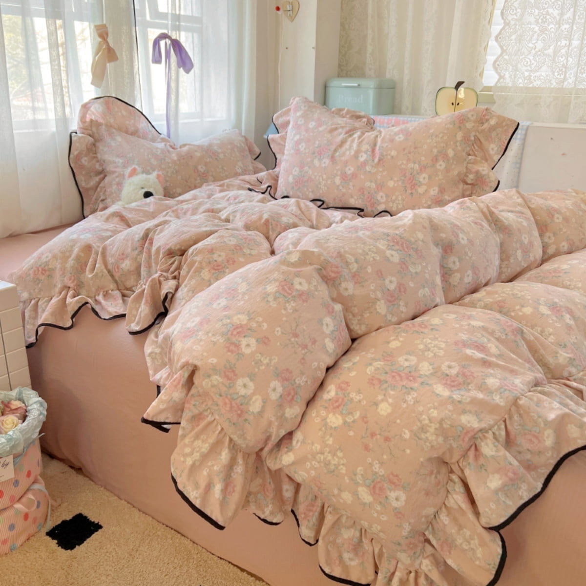 Floral Ruffle Duvet Cover Set Twin Size Pink Flowers Black Edge Bedding Duvet Cover with Zipper Closure Reversible Comforter Duvet Cover and 2 Pillowcases