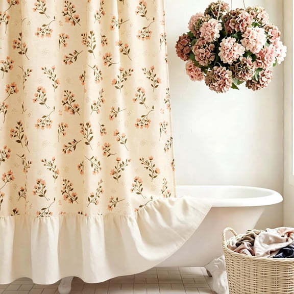 Floral Ruffle Fabric Shower Curtain Set, 72x72 Inches, Boho Farmhouse Bathroom Decor