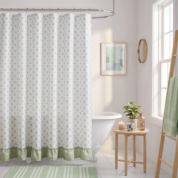 Floral Ruffle Shower Curtain Set with Ball Hooks, Water Repellent