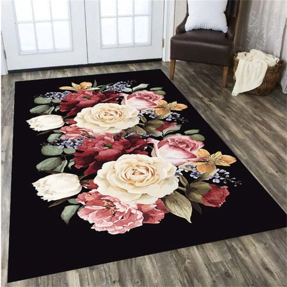 Floral Rug Black Red Rose Non-Slip Mat Area Rug Runners Floor Soft Carpet For Kitchen Bedroom Living Room Bathroom Girls Room Decoration 5' x 6'