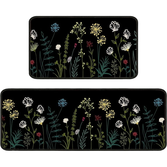 Floral Rug for Kitchen Mats for Floor 2 Piece, Anti Fatigue Floor Mat for Kitchen, Kitchen Floor Mats for in Front of Sink and Black Kitchen Matt for Standing for Kitchen Decor 17"X30"+17"X47"