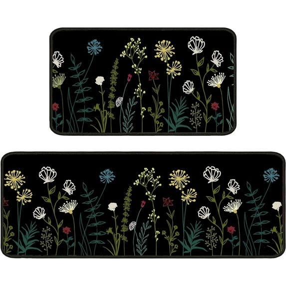 Floral Rug for Kitchen Mats for Floor Set of 2, Anti Fatigue Floor Mat for Kitchen, Kitchen Floor Mats for in Front of Sink and Black Kitchen Matt for Standing for Kitchen Decor 17"X30"+17"X47"
