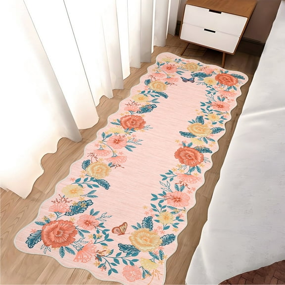 Floral Runner Rug 2x6 Washable Runner Modern Scalloped Runner Pink Runner Hallway Runner with Non Slip Backing, Low Pile Thin Runner, Indoor Foldable Printed Rug for Entryway Bathroom