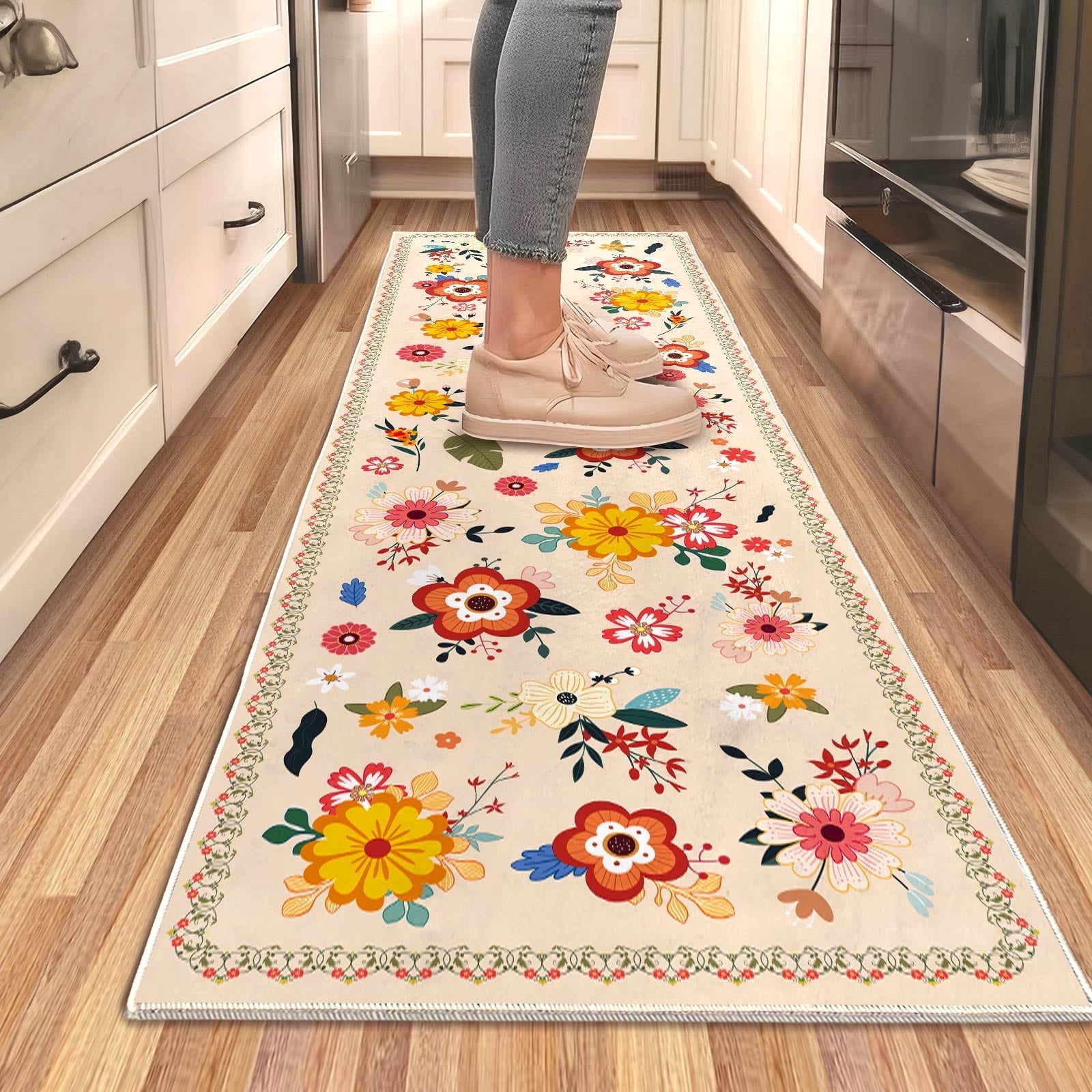 Beige Shell Rug Runner Floral Runner Rug-2*6 ft Beige Boho Washable Rug Runner for Hallways ...