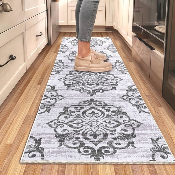 Floral Runners for Hallways, 2X6 ft Kitchen Runner Rug Ultra-Thin Soft Rug, Non-Slip Washable Rug Runner Stain Resistant Boho Rug Entryway Runner for Laundry Bathroom Bedroom Grey