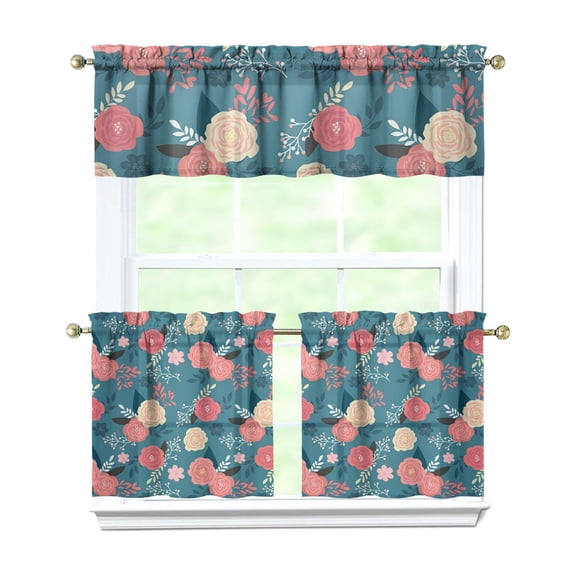 Floral Rustic Curtains 24 Inch - 3 Panel Boho Farmhouse Set with Vintage Botanical Design, Rod Pocket Window Treatment