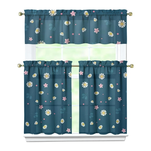 Floral Rustic Curtains 36 Inch Short - 3 Panel Boho Farmhouse Set with Vintage Botanical Design, Rod Pocket Window Treatment for Country Kitchen