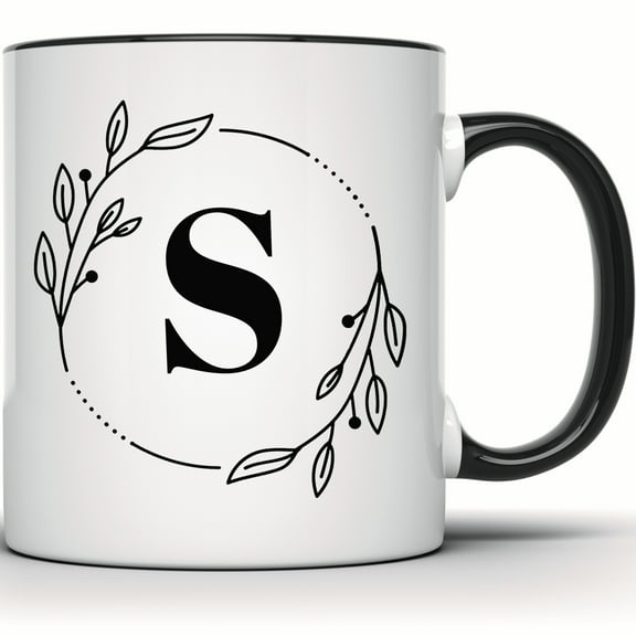 Floral S Initial Mug - Botanical Monogram Coffee & Tea Mug - Gift for Her - 11 Ounce Black Rim Handle Novelty Coffee Cup - WMUG0369-Black Rim