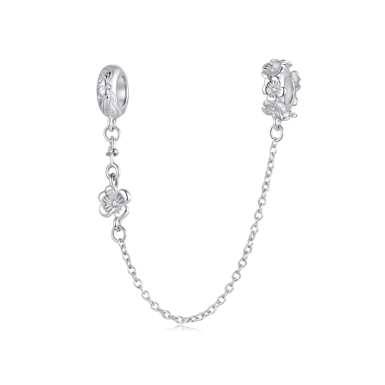 Floral Safety Chain Charm  , Genuine 925 Sterling Silver, Compatible with Most Charm Bracelet
