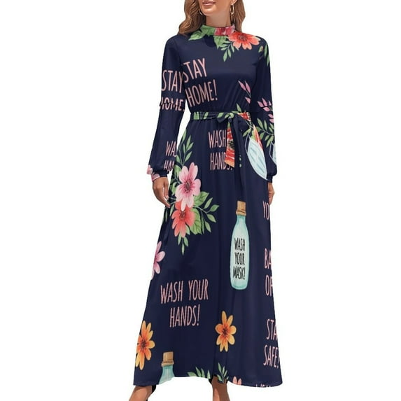 Floral Safety Reminders Women's Long Dress Long Sleeves Dress Vintage Dresses Party Maxi Dress High Waist Dress