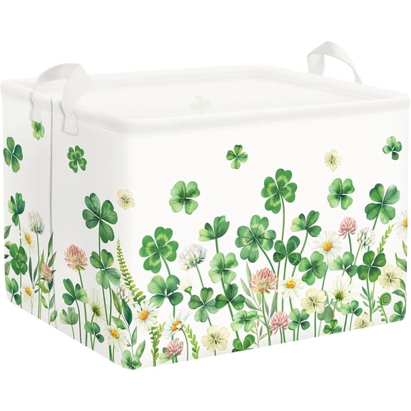 Floral Saint Patrick's Day Storage Basket Shamrock Clover Clothes Book Toy Shelf Basket Kid Room Decor Gift Storage Bin Organizer,Four Leaf Clover,40x30x30 cm