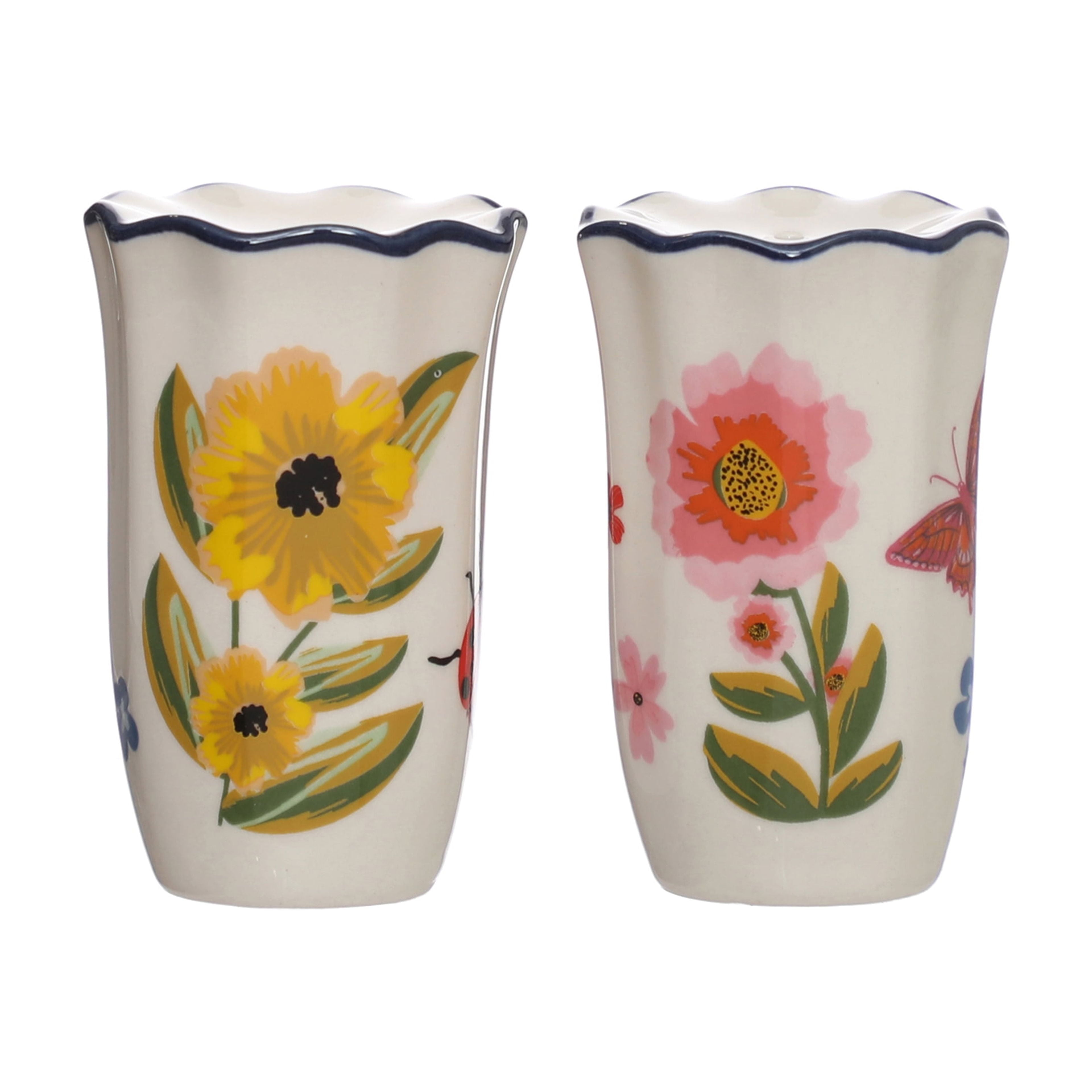 Floral Stoneware Salt & Pepper Shakers with Navy Scalloped Edge