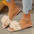 thumbnail image 1 of Floral Sandals for Women, Sandals Women Dressy Summer Flat, Flat Sandals for Women Dressy, Women's 3d Floral Flat Sandals Dressy Square Open Toe Sandals Single Band Casual Slip On Slides, Beige 5.5, 1 of 7